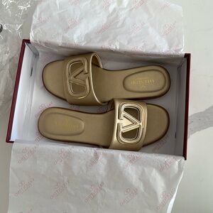 Valentino VLogo Leather Cutout Flat Slide Sandals